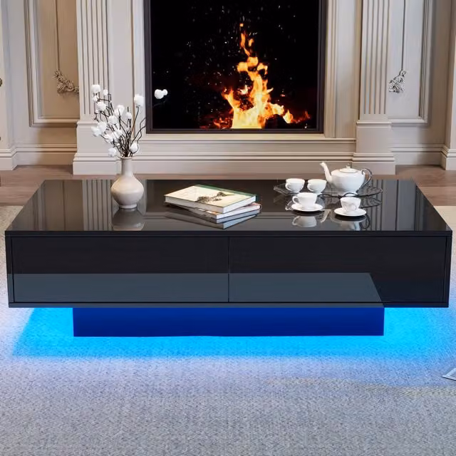 Tavolino basso Mivray per soggiorno con 2 cassetti e illuminazione LED in MDF nero lucido L: 115 cm, P: 55 cm, H: 34 cm