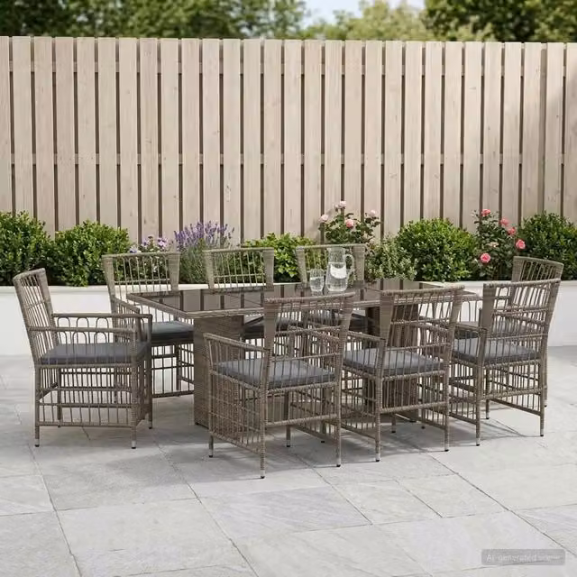 Set da pranzo per esterni vidaXL in polyrattan grigio con tavolo rettangolare in vetro e 9 pezzi – 1