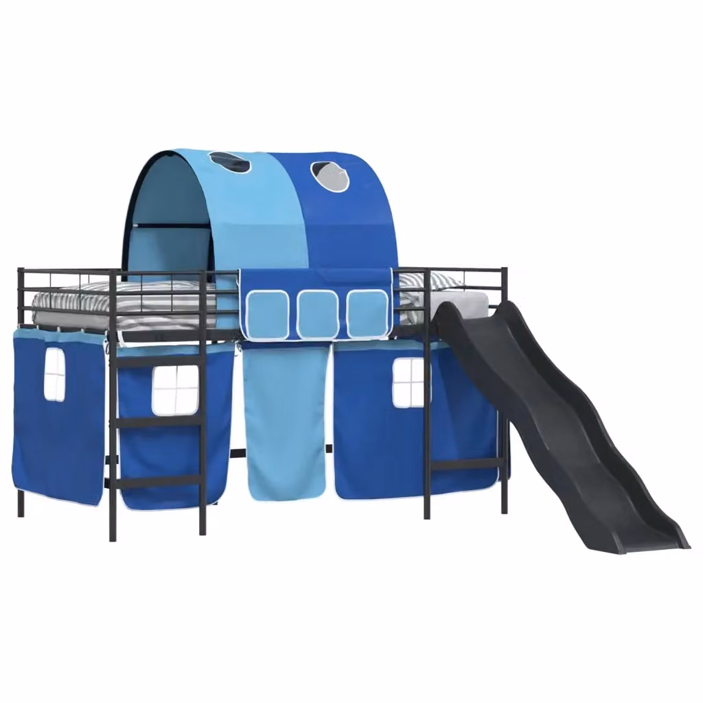 Letto a castello singolo elevato vidaXL per bambini con struttura a casetta e scala, Nero e Blu, L 200 x P 100 x H 205 cm – 2