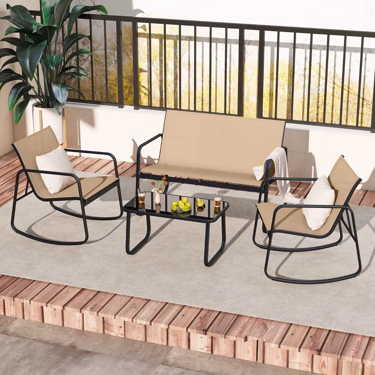 Set di mobili da giardino Costway composto da 4 pezzi per 4 persone, mobili da terrazza moderni in metallo color marrone e beige con sedute oscillanti