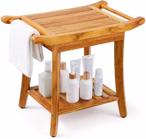 Panca per Doccia VEVOR in Teak Marrone, Sgabello in Legno Impermeabile con Ripiano e Piedini Antiscivolo, L: 56,0 cm, P: 36,5 cm, H: 47,0 cm
