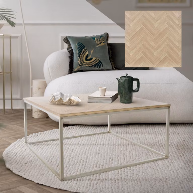 Tavolino ML-Design 80x80x40 cm, aspetto rovere con motivo a spina di pesce, struttura in metallo color oro, design industriale
