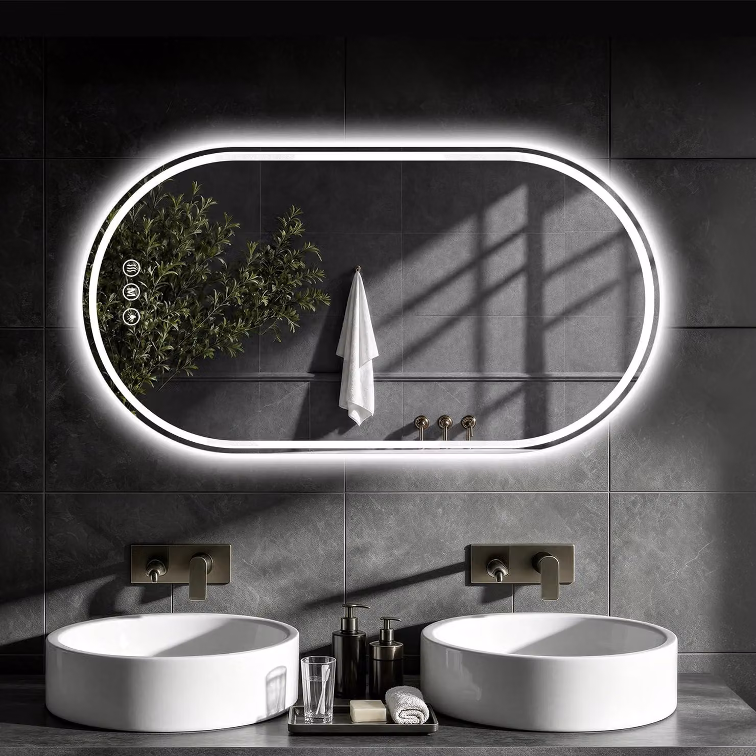 Specchio da bagno a LED, forma ovale, 96x55 cm, senza cornice, con funzione di regolazione dell'intensità luminosa e antigoccia