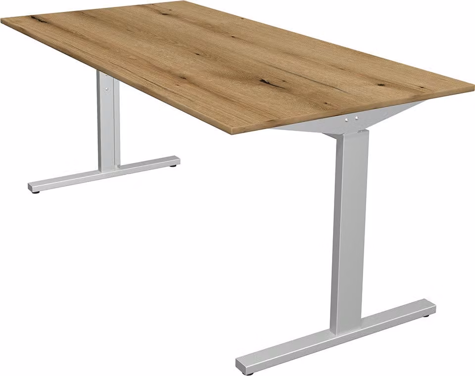 Scrivania Kerkmann Form 2 160x80x70-82 cm, base a T in alluminio argento, rovere nodoso