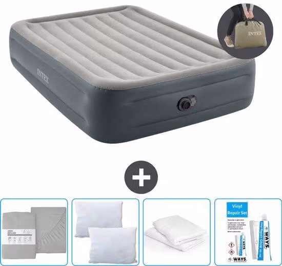 Materasso gonfiabile per due persone - 152 x 203 x 46 cm - Grigio - pompa inclusa - biancheria da letto - cuscini - kit di riparazione e fodere per cuscini