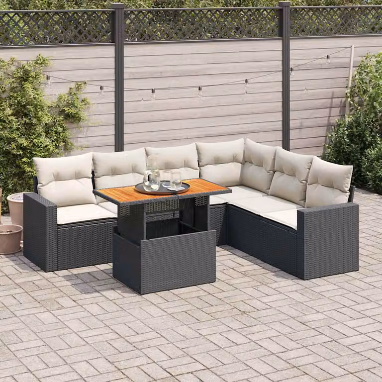 Set di divani da giardino vidaXL a forma di L con 7 pezzi, polyrattan e cuscini imbottiti, nero