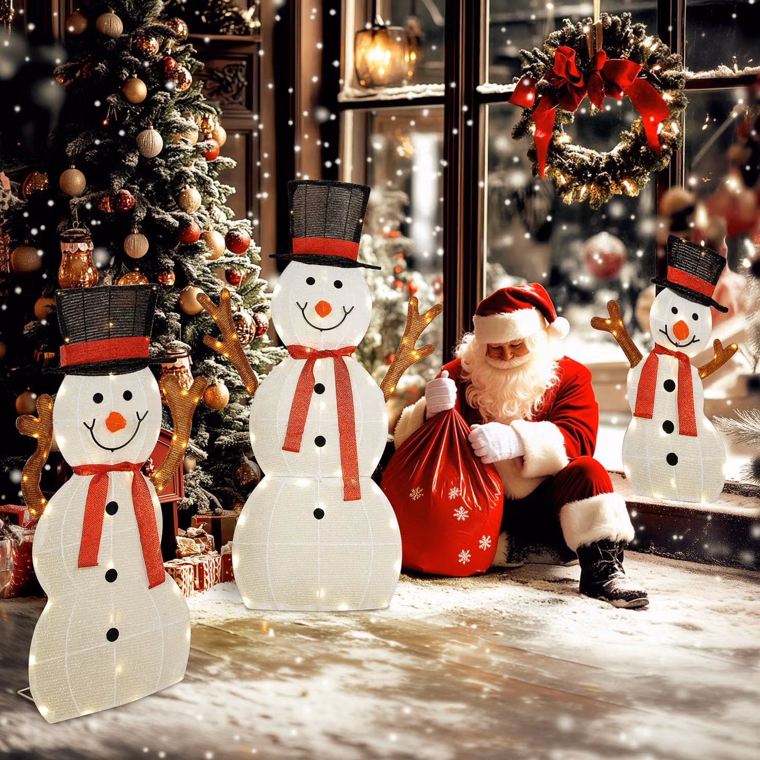 Set di 3 pupazzi di neve natalizi Outsunny con luci LED per esterni, in acciaio e poliestere, bianco e multicolore – 2