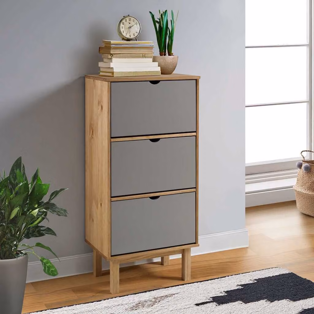 Scarpiera a parete vidaXL OTTA in legno di pino rustico con ante basculanti, Marrone e Grigio, L: 120 cm, P: 35 cm, H: 55 cm