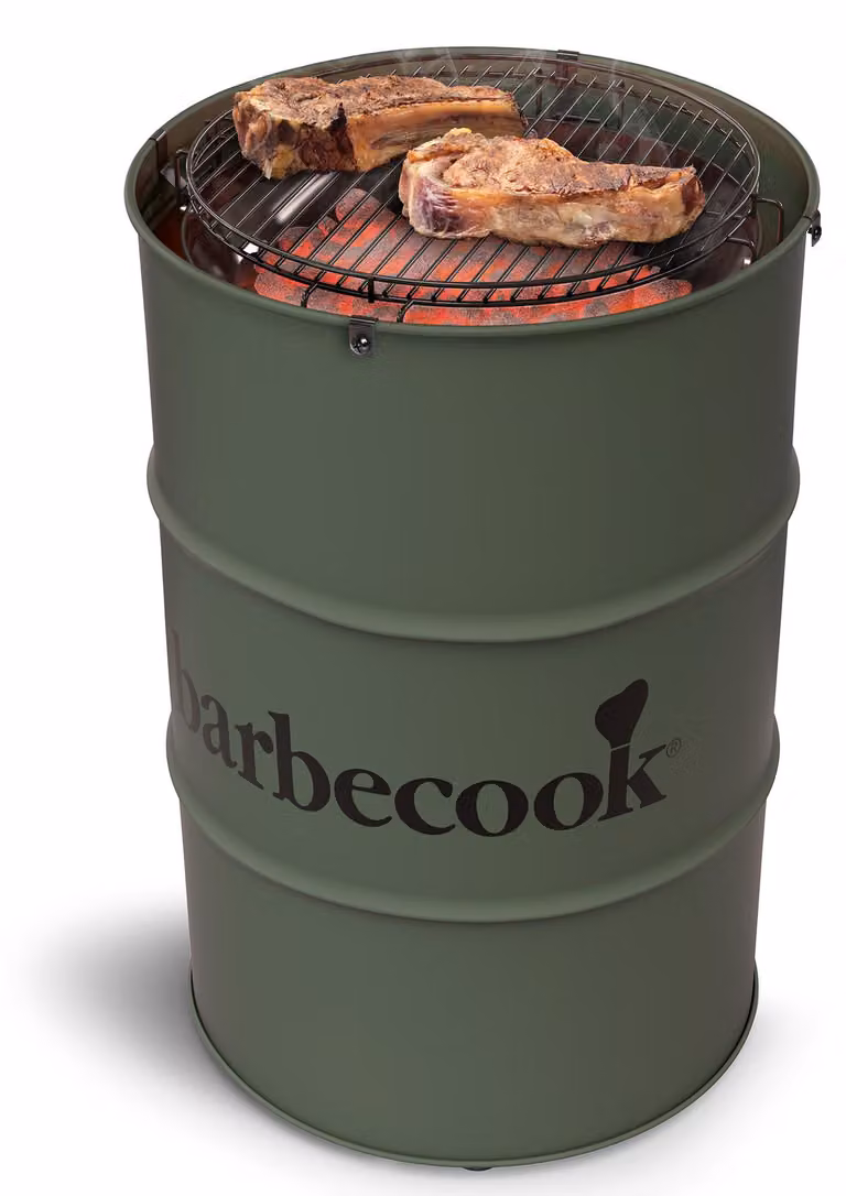 Barbecue Edson, griglia a carbone, forma a botte, griglia cromata, altezza regolabile