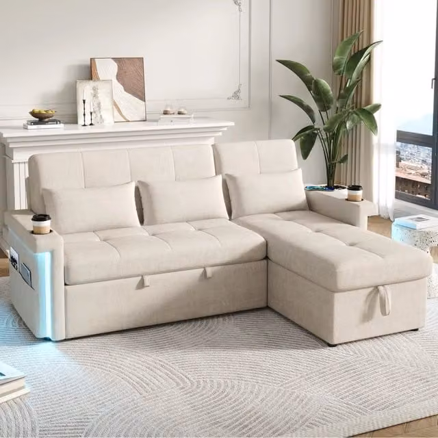 Divano letto angolare MIVRAY in tessuto beige con vano contenitore e funzione letto per adulti