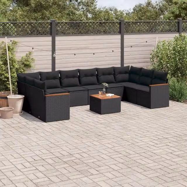 Set di Divani da Giardino vidaXL a Forma di U in Polyrattan Nero con Cuscini e Tavolino da Caffè – 1