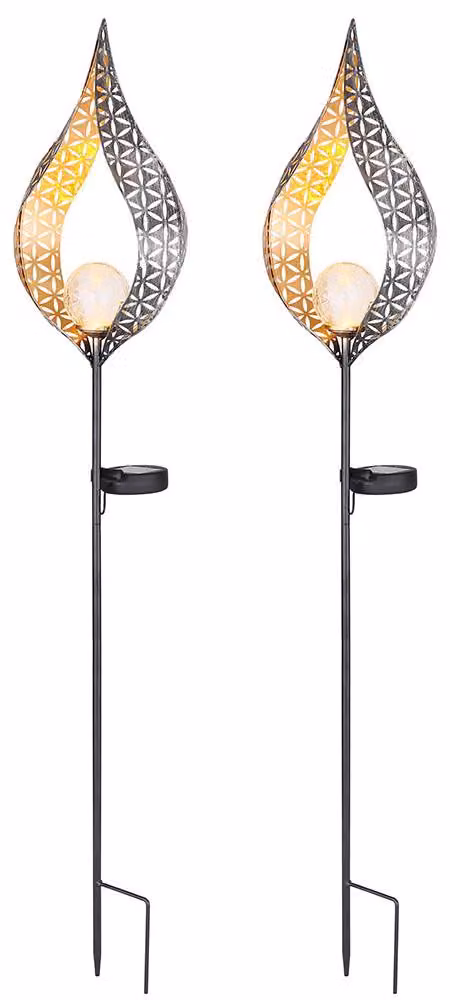 2 lampade solari a LED, design a fiamma, colore argento, luce gialla, altezza 90 cm