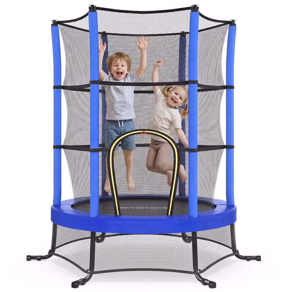Trampolino per bambini con recinto di protezione e tappeto sicurezza, Blu