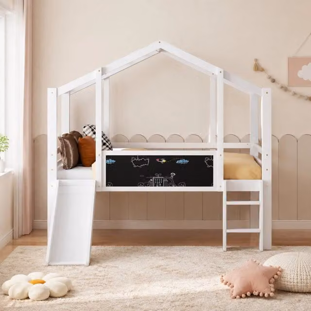 Letto a soppalco per bambini 90x200 cm in legno massello con scivolo e lavagna; bianco