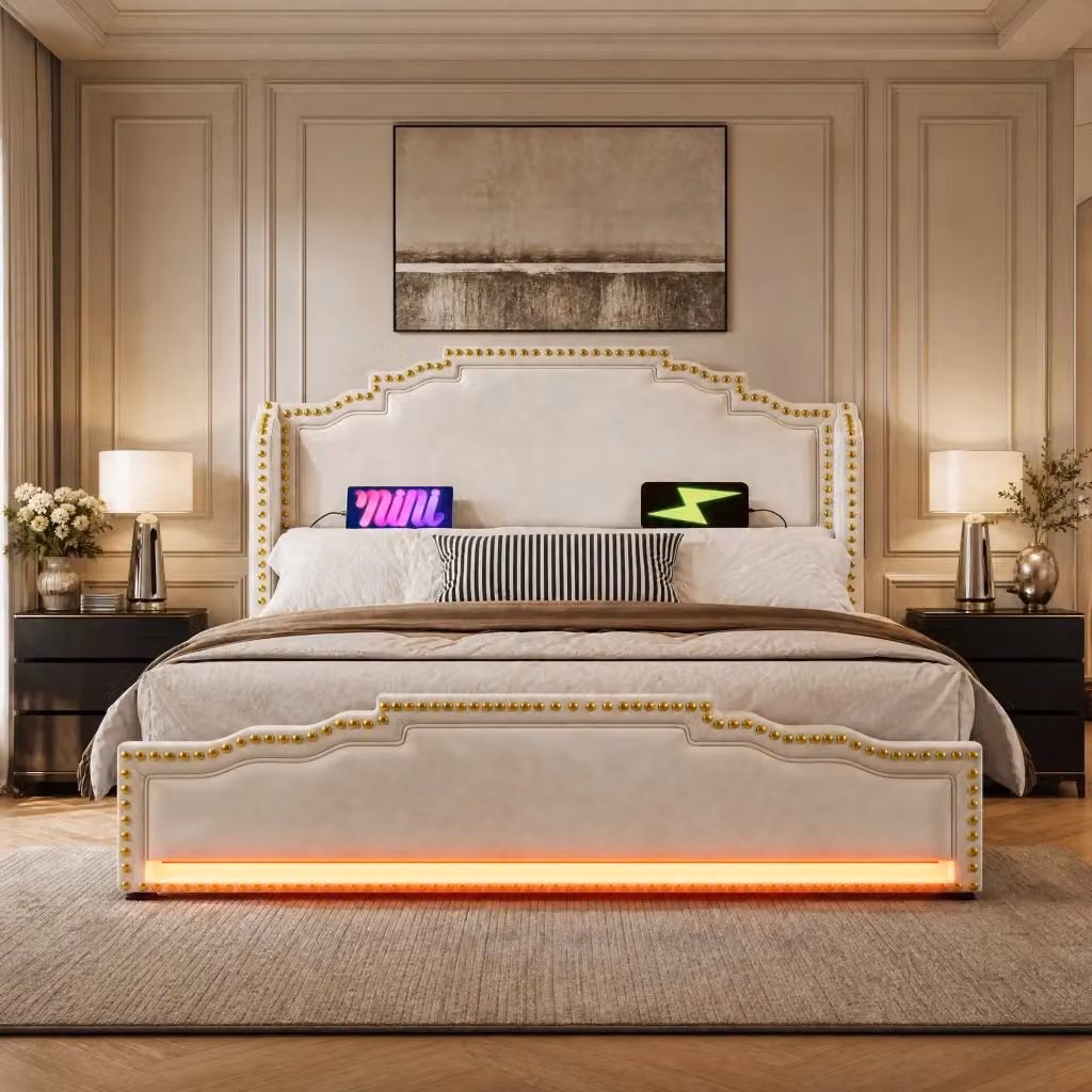 Letto Contenitore REDOM in Velluto Beige con LED, USB e 4 Cassetti L/P: 140 x 200 cm – 2