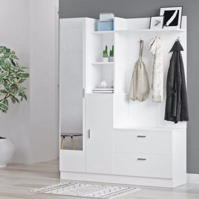 Mobile da ingresso Anumali DMORA con specchio e appendiabiti, Consolle multifunzione per atrio, L: 140 cm, P: 36,8 cm, H: 181,8 cm, Bianco