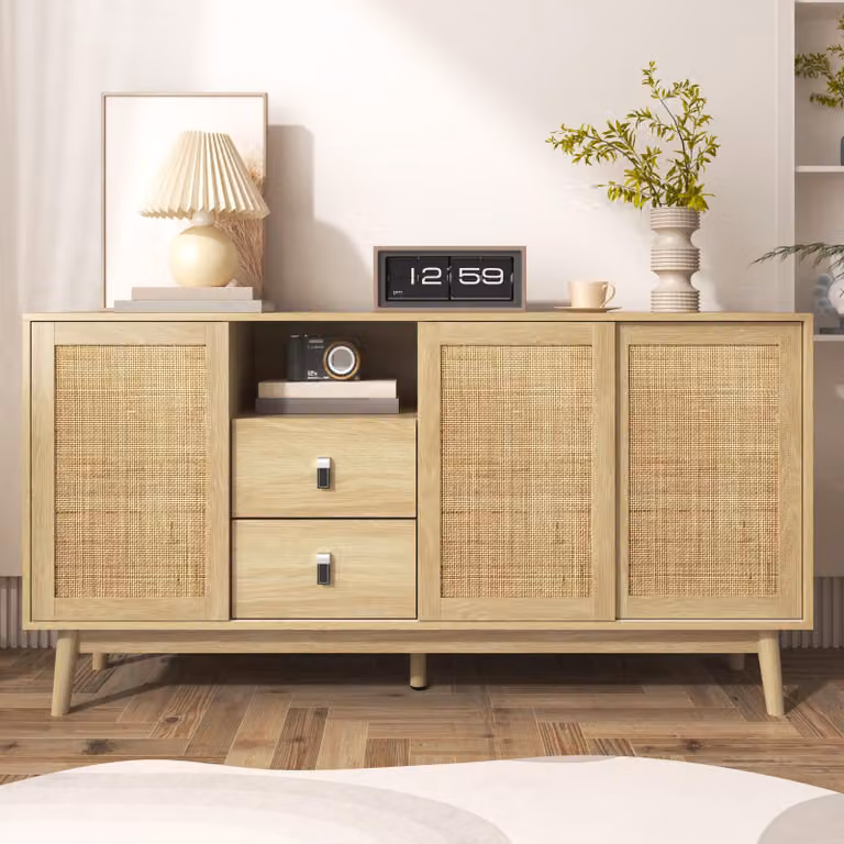 Credenza Merax 155 cm con ante scorrevoli in rattan, cassettiera con cassetti e scomparti, vano portaoggetti, piedi in legno massiccio, noce naturale, soggiorno sala da pranzo corridoio