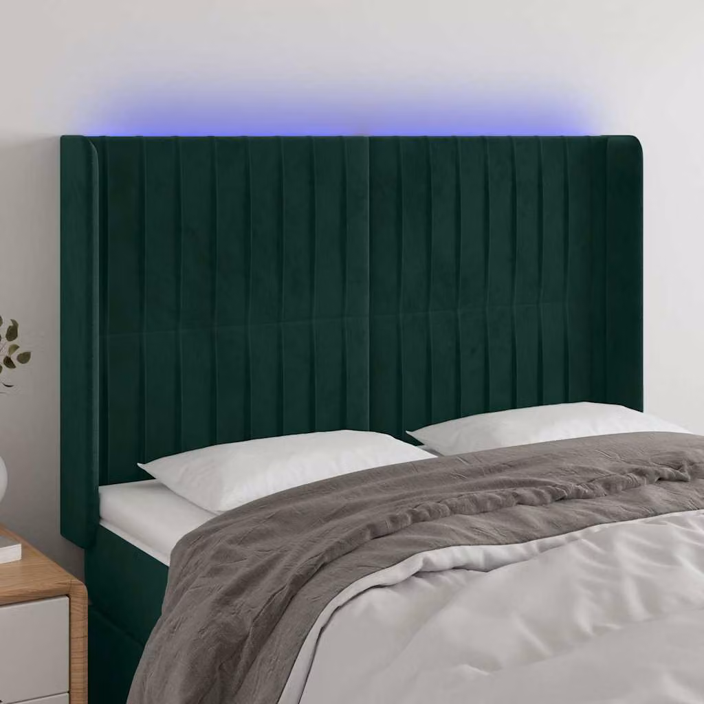 Testiera con LED e porta USB vidaXL in velluto verde scuro L: 147 cm, P: 16 cm, H: 118/128 cm