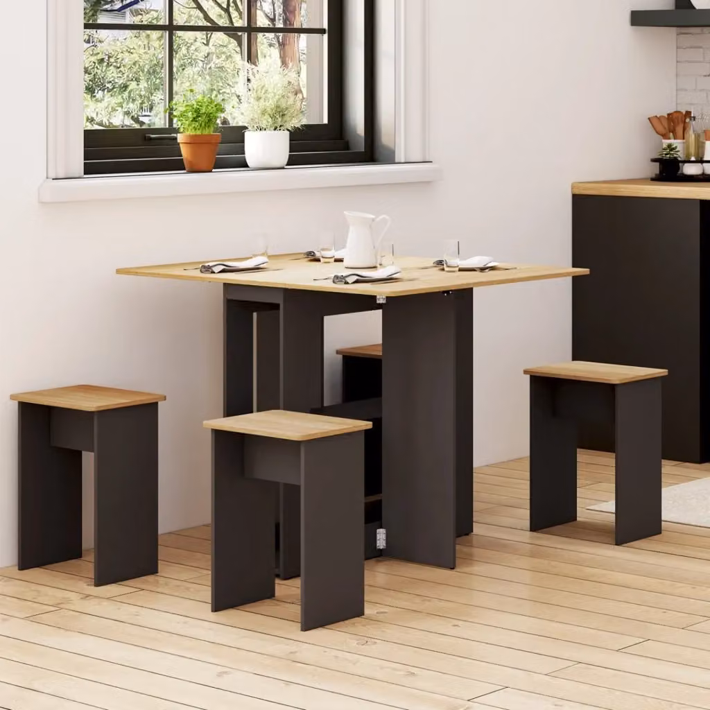 IDMarket Consolle pieghevole EDI in legno nero con piano in faggio ed estensione butterfly per 2-4 persone con 4 sgabelli – 2