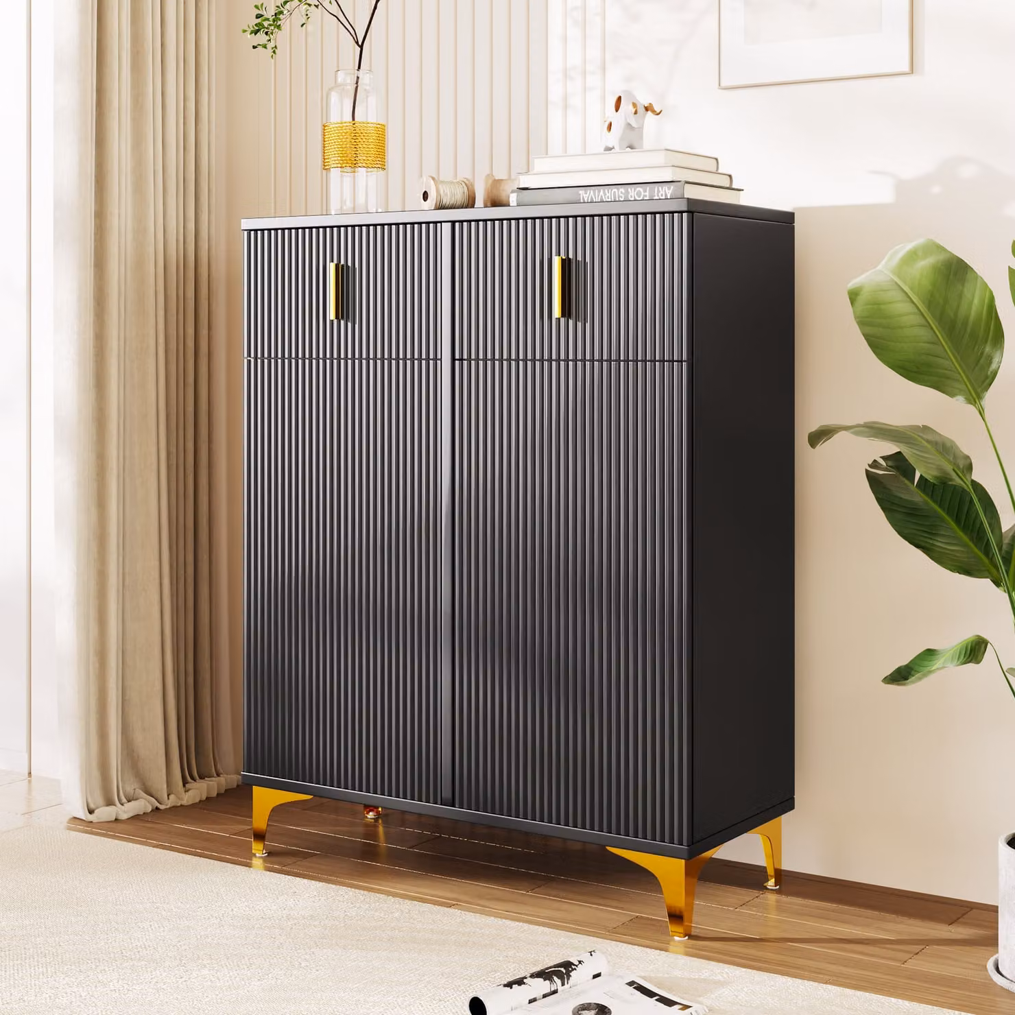 STILVORA Credenza 101×83 cm con 2 ante e 2 cassetti, scarpiera con maniglie dorate, per soggiorno, camera da letto, nera