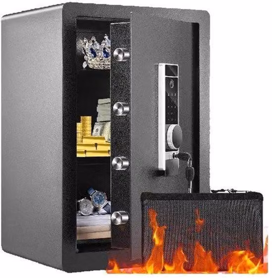 Cassaforte elettronica: armadio blindato in acciaio con sistema di apertura tramite impronta digitale e codice, ideale per documenti e gioielli