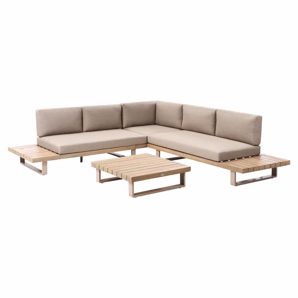 Set di divani angolari da giardino Beliani IT a forma di L con tavolino da caffè e pouf, 5 posti, color beige e marrone, in legno di acacia e alluminio verniciato a polvere, L 218 cm x P 155 cm x H 81 cm – 2