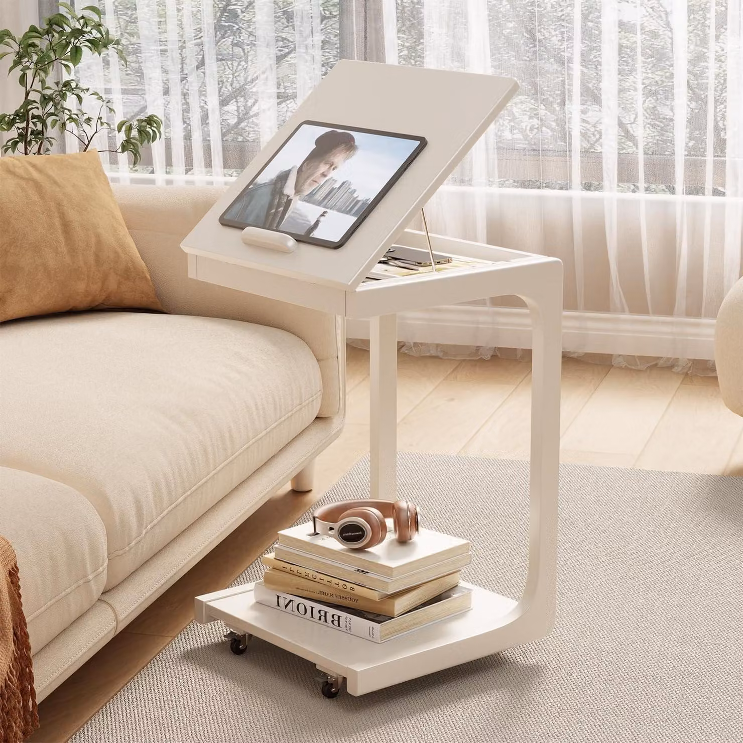 Tavolino laterale in legno con rotelle, forma a C, 40x40x63 cm, bianco