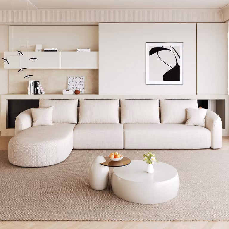 Divano angolare MODFU a forma di L, divano modulare a 3 posti con chaise longue sinistra, dimensioni 336 x 168 x 85 cm, divano componibile senza montaggio, divano letto per soggiorno, colore bianco