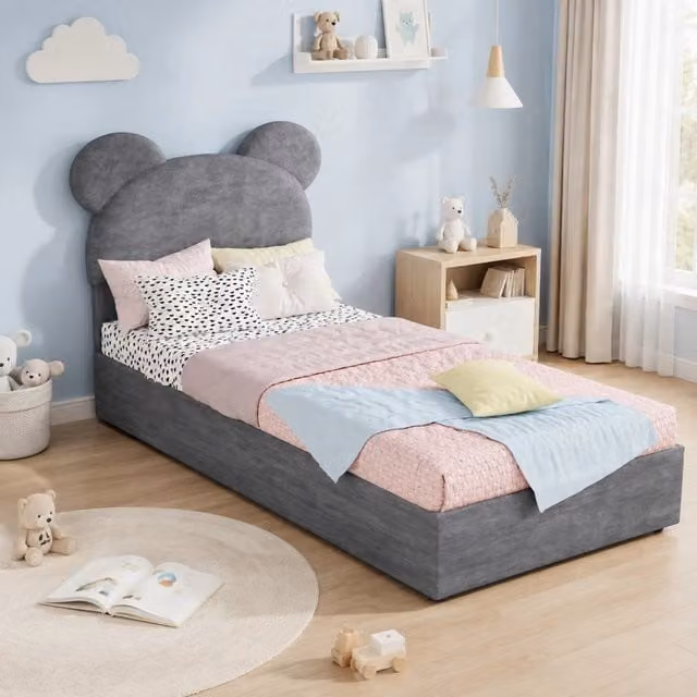 Letto imbottito 90x200 cm con contenitore a sollevamento pneumatico; tessuto e metallo; grigio