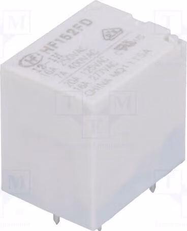 1 relè: bobina elettromagnetica, 12 VDC, 20 A / 125 VAC, modello HF152FD/012-1H, elettromagnetico