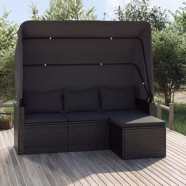 Divano Giardino 3 Posti con Tetto e Poggiapiedi-Sofa da Giardino-Divanetto da esterno Nero Polyrattan