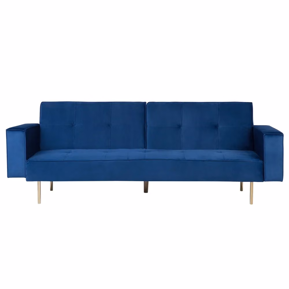 Divano letto Beliani a 3 posti in velluto blu con struttura in legno e meccanismo click-clack moderno L: 218 cm, P: 81 cm, H: 80 cm – 2