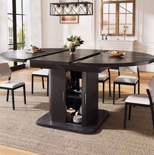 Tavolo da pranzo ovale estensibile nero con contenitore e ante scorrevoli, 110-150 cm