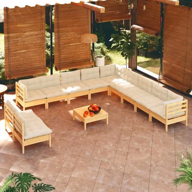 Set di Divani da Giardino vidaXL in Legno di Pino Massello con Cuscini Beige 12 Pezzi