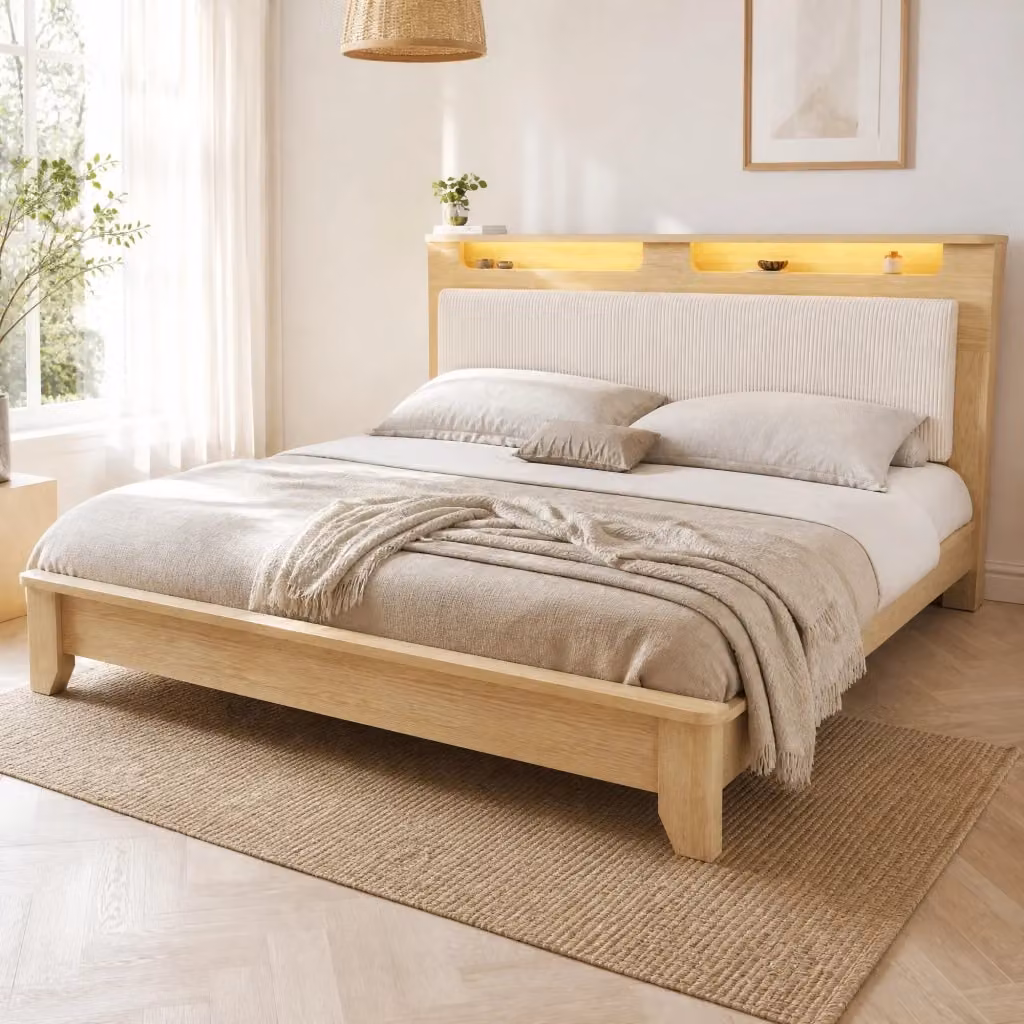 Letto REDOM con materasso incluso, design moderno in legno effetto rovere e tessuto corduroy beige, dotato di illuminazione LED sottostante e scomparti laterali, L/P/H: 140 x 200 x 110 cm – 2