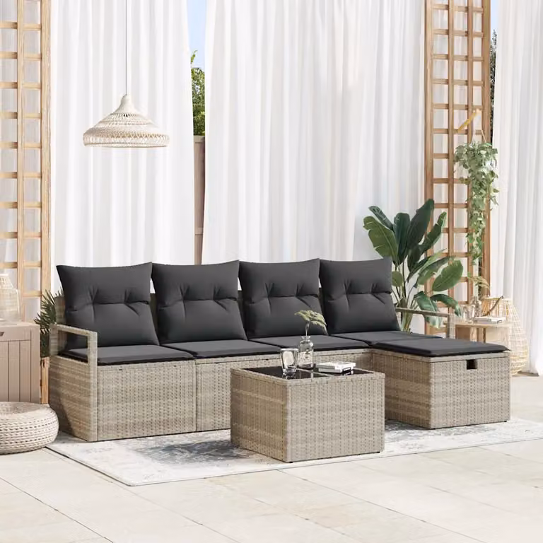 Set di divani da giardino vidaXL a forma di L con 6 posti, colore grigio, in rattan e metallo con cuscini inclusi