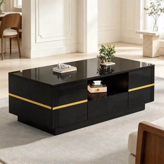 Tavolino da caffè moderno 100x50x35;5 cm in MDF nero con dettagli dorati e vano contenitore