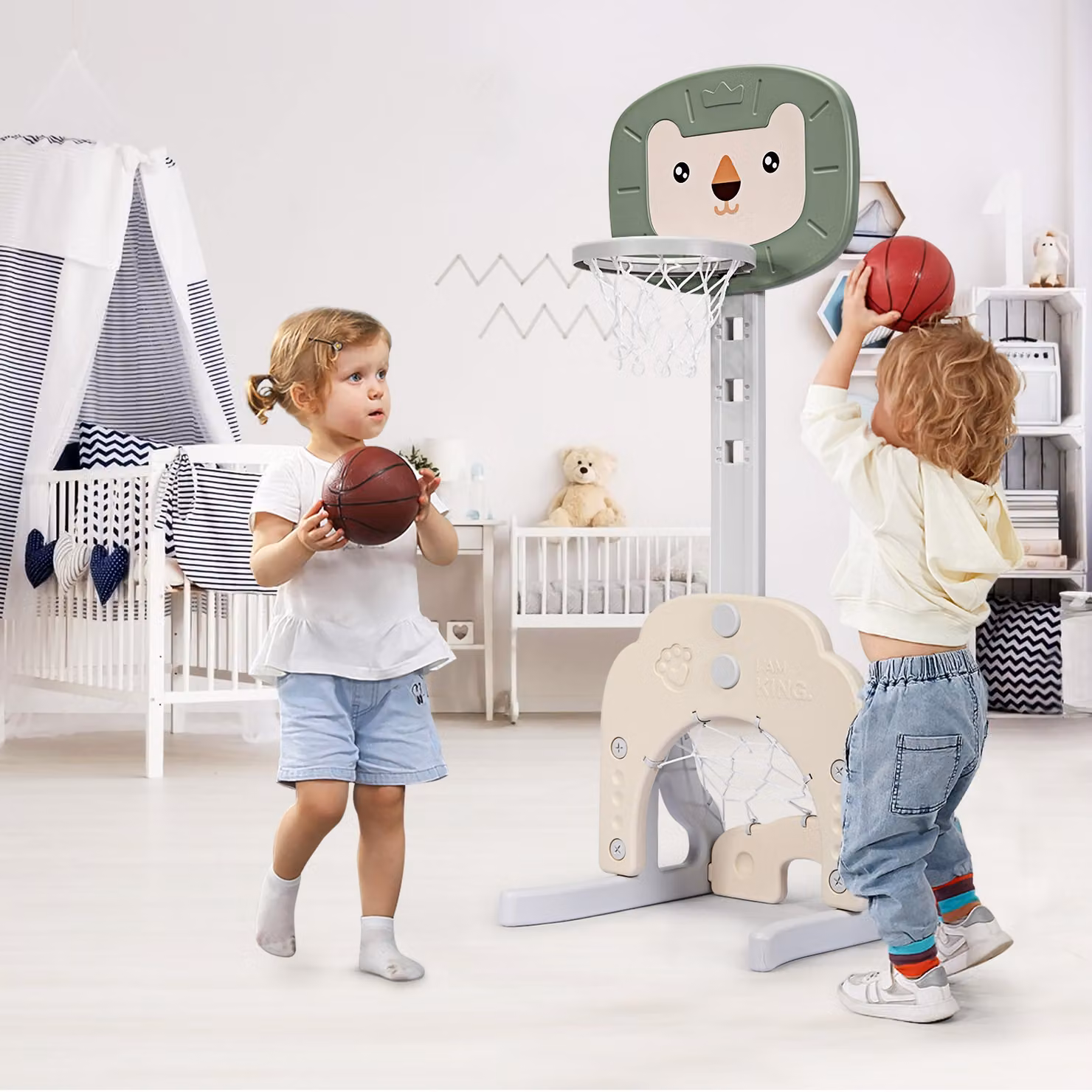 Costway Canestro da basket 3 in 1 con 5 altezze regolabili e gioco del golf per bambini, Verde