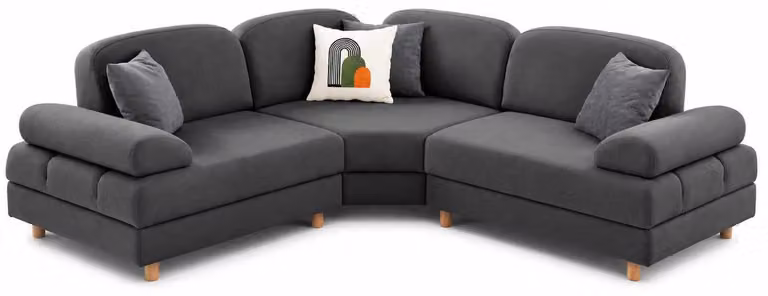 Divano angolare moderno, elegante, di colore grigio scuro, con imbottitura morbida e confortevole, ideale per il soggiorno