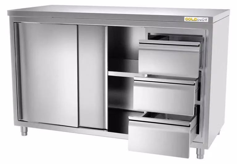Mobile basso in acciaio inossidabile, dimensioni 1400x700 mm, con 3 cassetti a destra, linea PREMIUM - GOLDINOX