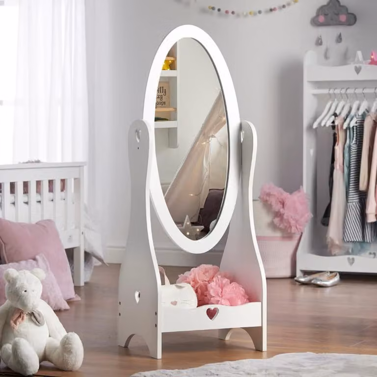 Specchio ovale bianco freestanding per bambini, dimensioni 105x41x35 cm, con ripiano