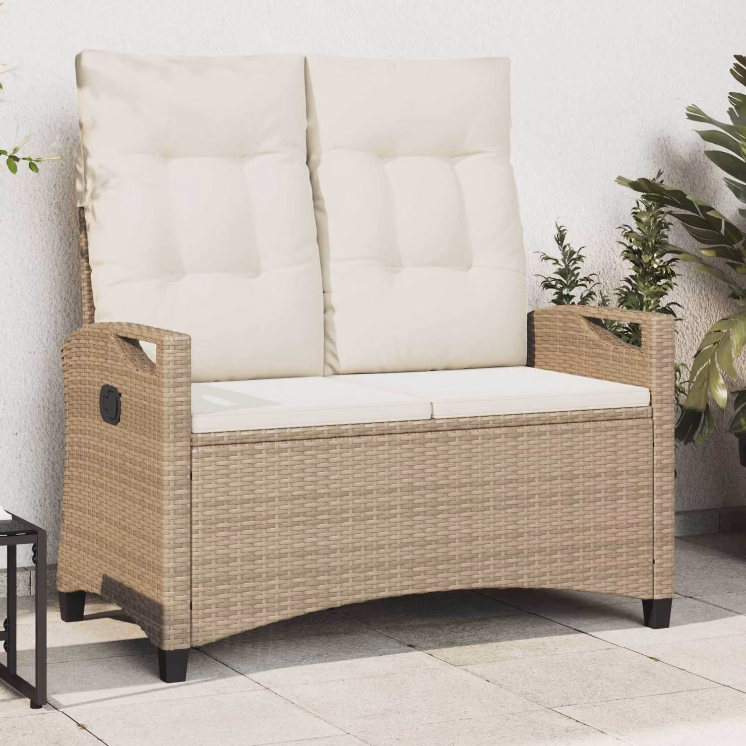 Panchina da giardino moderna vidaXL in rattan e metallo con braccioli, Beige, L: 105 cm, P: 60 cm, H: 112 cm