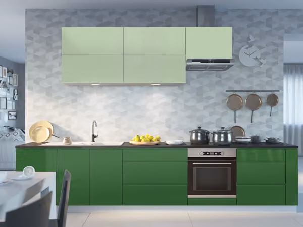 Mobile cucina FLORENCE cucina componibile 355cm bianco frontale bianco verde smeraldo lucido estensione parziale