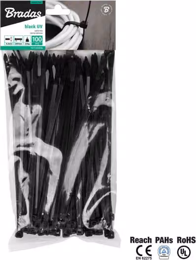 BRADAS Nastri di tensione per fili 4,8x200mm 100 pz UV BLACK BR-TS1148200B