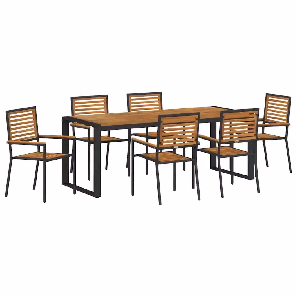 Set da pranzo per giardino e terrazzo vidaXL in polyrattan da 7 pezzi, colore nero e marrone, con tavolo rettangolare in legno di acacia
