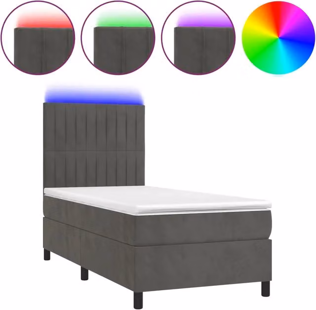 Letto singolo | Letto per adulti | Letto a Molle con Materasso e LED Grigio Scuro 90x190cm Velluto