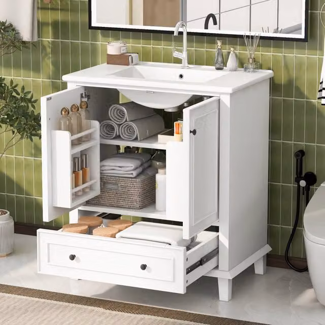 Mobile bagno da terra 76x46x87 cm con lavabo in ceramica integrato, gambe in legno massello, verniciatura completa, resistente all'umidità e all'acqua, ampio spazio di archiviazione, bianco