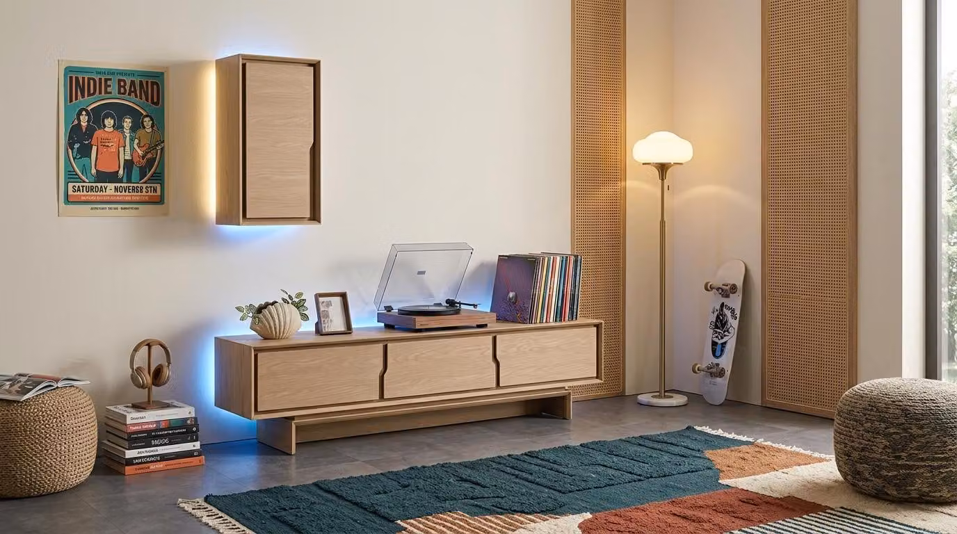Mobile TV a parete, stile moderno, beige, per il soggiorno, pratico e spazioso