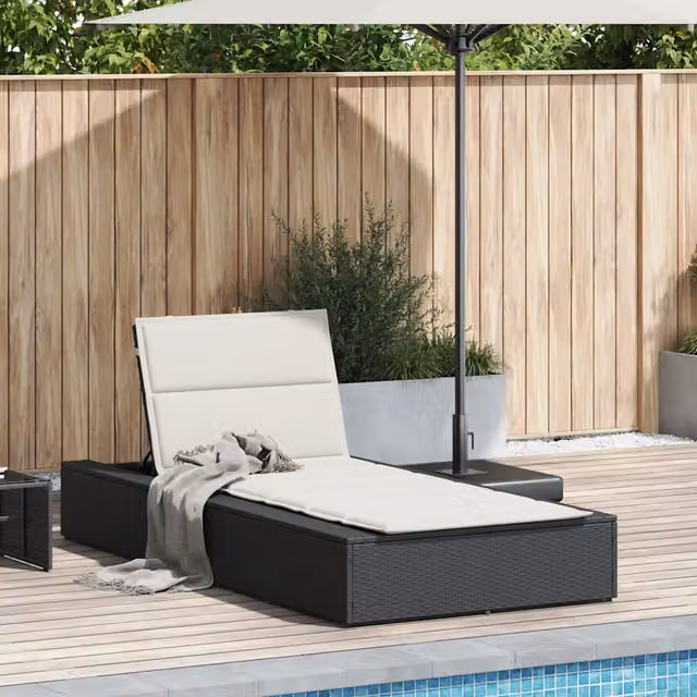 Lettino Prendisole | Sdraio da giardino | Lettino da sole con Cuscino Galleggiante Nero in Polyrattan