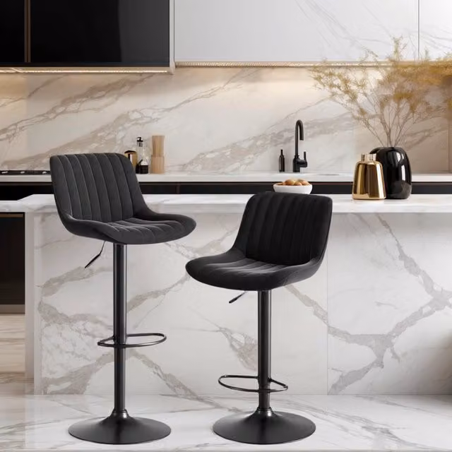 Sgabello da bar girevole in velluto con altezza regolabile, schienale ergonomico e rotazione a 360° per cucina, nero